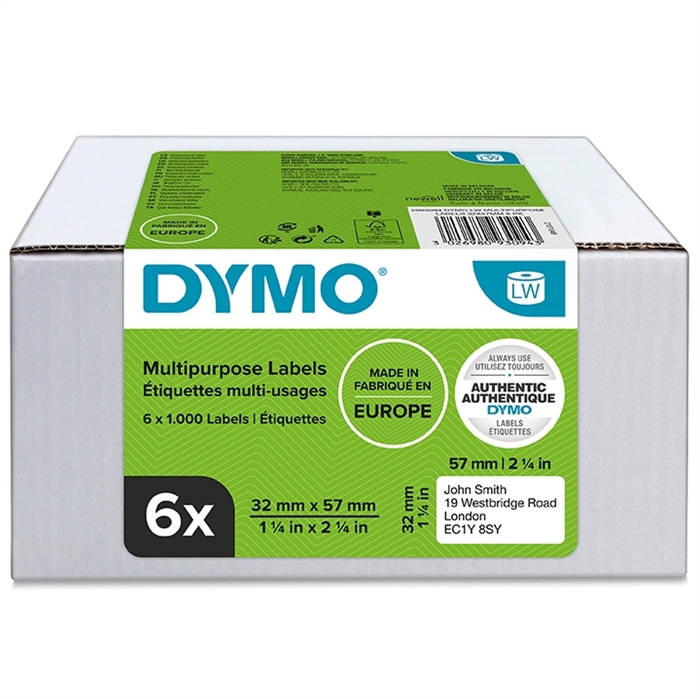 Dymo Etikett Multi 32 x 57 mm entfernbare weiße mm, 6 x 1000 Stück.