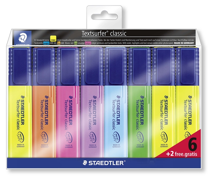 Staedtler Textsurfer ist ein Set mit 6+2 Markern zum Überstreichen.