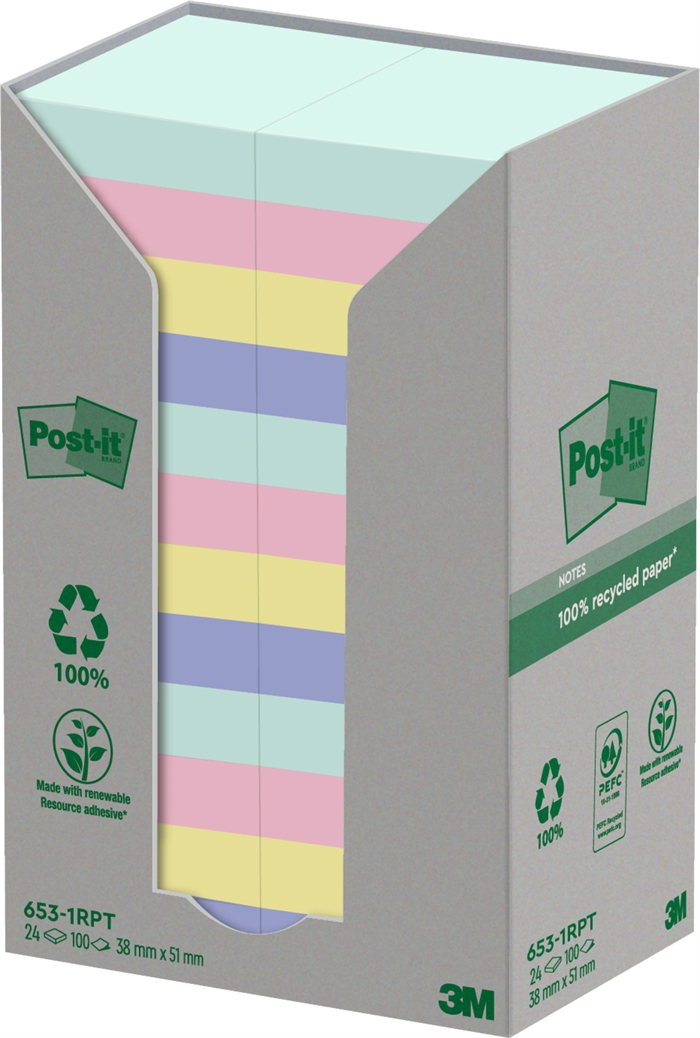 3M Post-it Recycled Mischfarben 38 x 51 mm, 100 Blatt - 24 Packungen