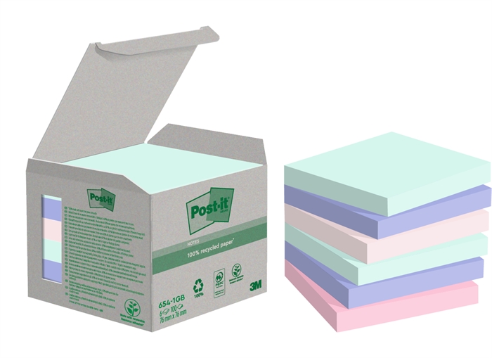 3M Post-it Recycled, gemischte Farben, 76 x 76 mm, 100 Blatt - 6er Pack