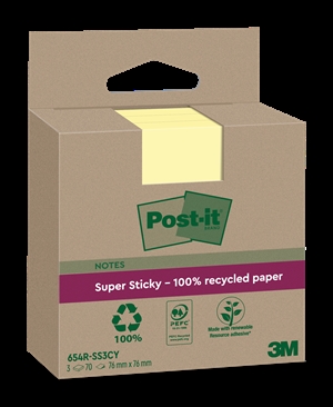 3M Post-it Haftnotizen super stark haftend Kanariengelb 76 x 76 mm, Recycling - 3er Pack