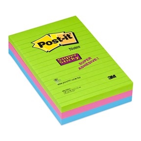 3M Post-it Haftnotizen super haftend 102 x 152 mm, liniert sortiert neonfarben - 3er Pack