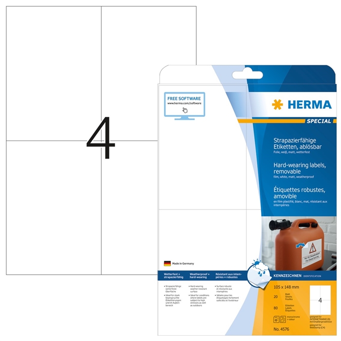 HERMA-Abziehetiketten wasserabweisend, abnehmbar, 105 x 148 mm, 80 Stück.