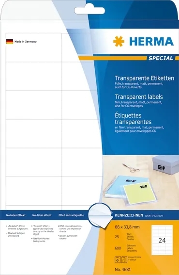 HERMA Etikettenfolie 66 x 33,8 transparent matt mm, 600 Stück.