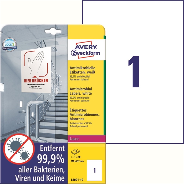 Avery Antimikrobielle Etiketten 210 x 297 weiße mm, 10 Stück.