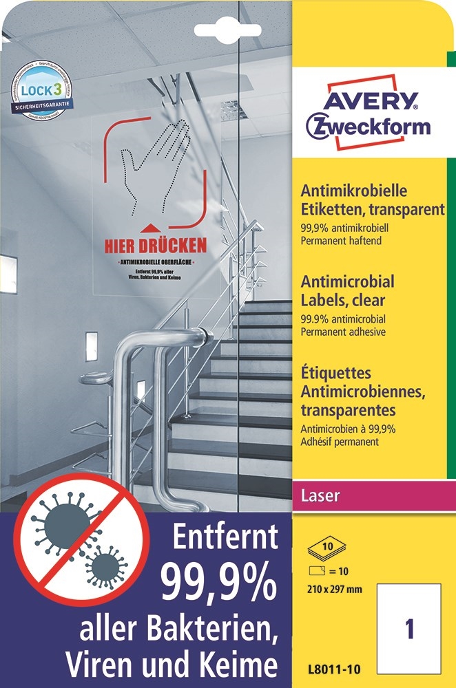 Avery Antimikrobielle Etiketten 210 x 297 transparent mm, 10 Stück.