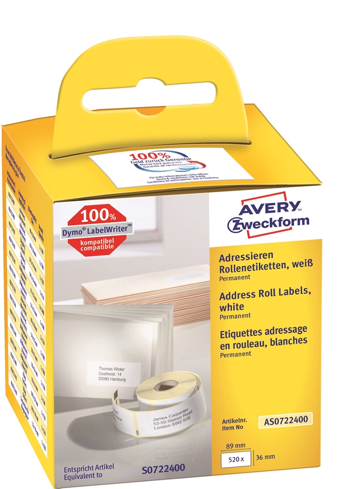 Avery Adressetiketten auf Rolle 89 x 36 mm, 2 x 260 Stück.