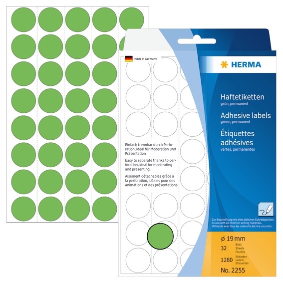 HERMA Etiketten, manuell, ø19 grün mm, 1280 Stück.