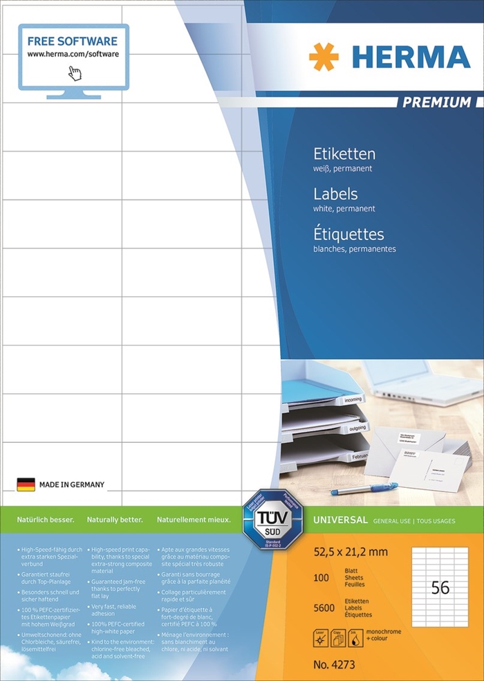 HERMA Etikett Premium A4 100 Stück 52,5 x 21,2 mm, 5600 Stk.