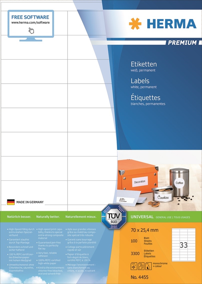 HERMA Etiketten-Premium A4 100 Stück 70 x 25,4 mm, 3300 Stück.