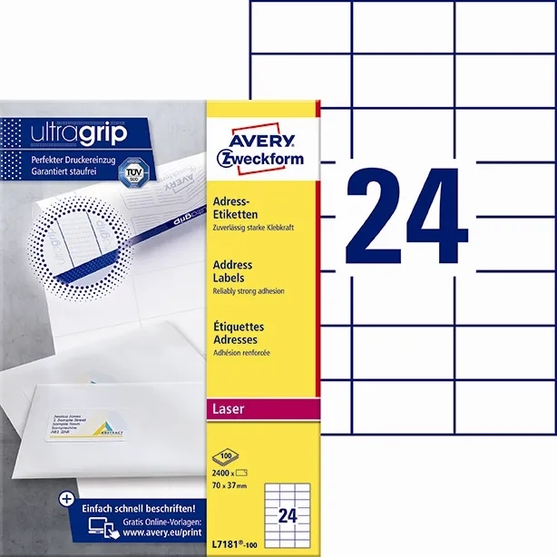 Avery L7181-100 Address Labels 70 x 37 mm, 2400 Stück.