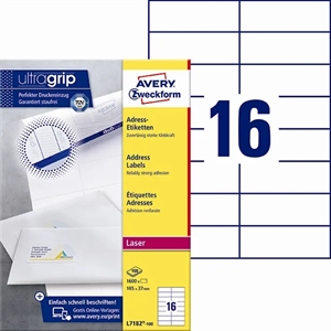 Avery L7182-100 Address Labels 105 x 37 mm, Pack of 1600 pieces.