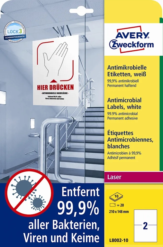 Avery Antimikrobielle Etiketten 210 x 148 mm, weiß, 20 Stk.